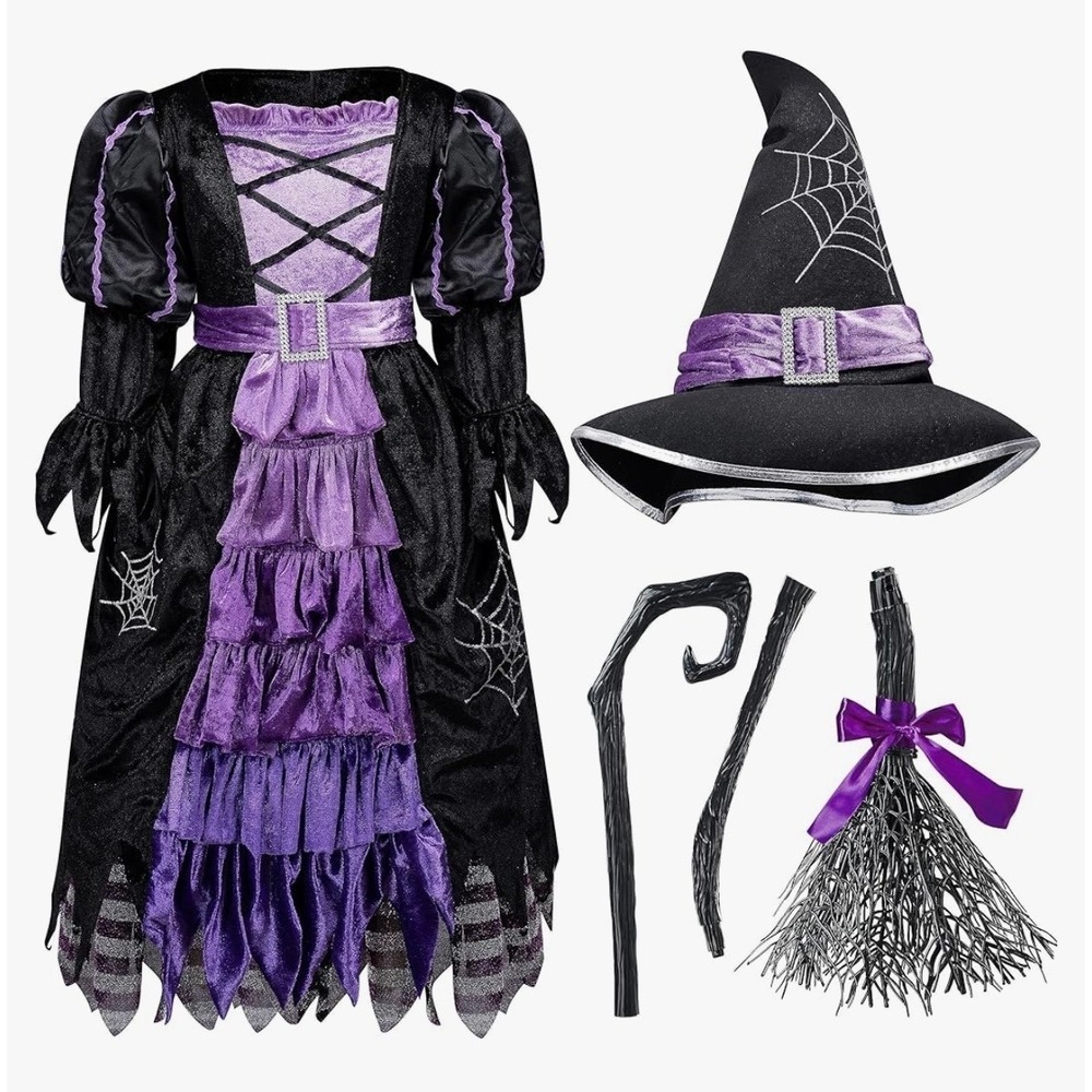 NEW Girls 3-4 Yrs Witch Costume Dress Hat Belt Broom Halloween Spooky Fun